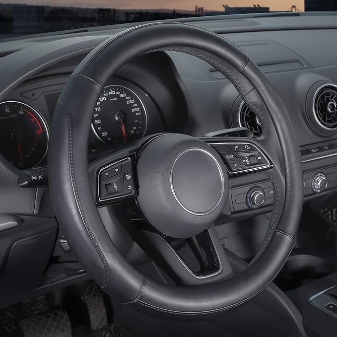 SEG Direct Car Steering Wheel Cover Small Size for Prius Civic Model 3 Model Y Camaro Rogue with 14-14 1/4 inches Outer Diameter, Black Microfiber Leather