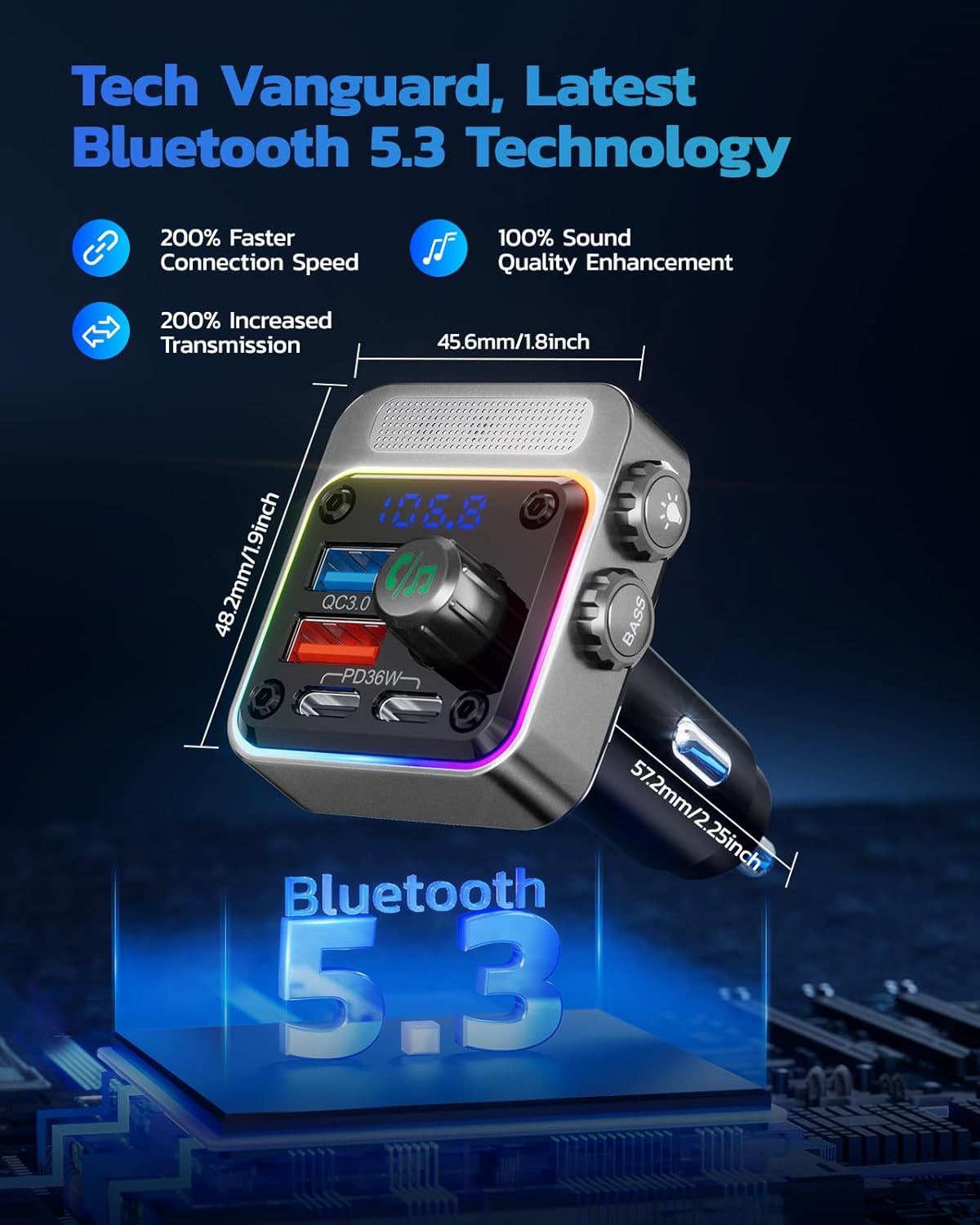 Nulaxy 54W Bluetooth 5.3 Car Adapter with 4 Charging Ports [PD 36W & QC3.0 18W], Wireless Radio FM Transmitter with Deep Bass Player & 5 Colors LED Backlit, Hands-Free Calling - Silver