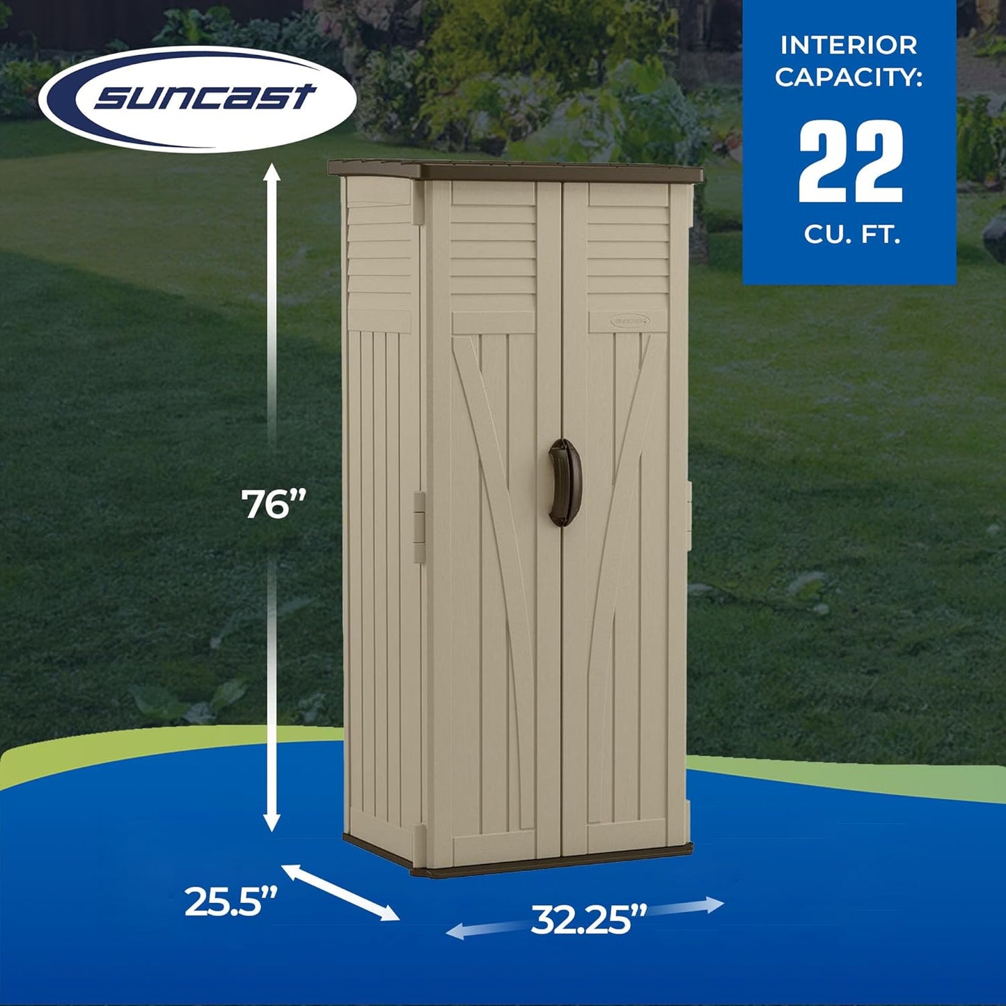 Suncast 22 Cubic Feet Capacity Tall Plastic Vertical Outdoor Shed for Garden, Backyard, Patio, or Pool Supplies Storage, Brown
