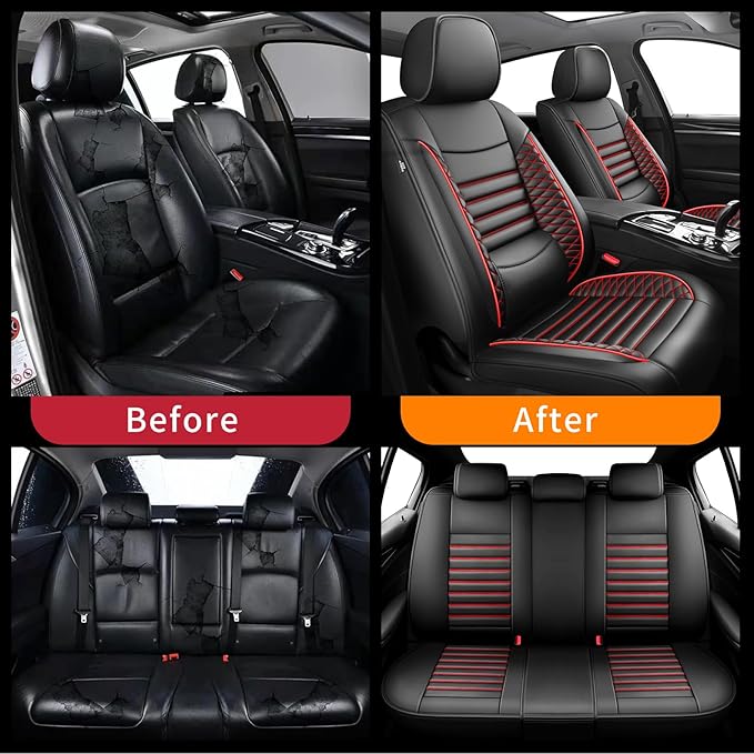 Fit Camry Car Seat Covers for Toyota Camry 2012-2024 2025 2026 - Upgraded Premium Waterproof & Breathable Leather, Airbag Compatible, All-Weather Seat Cushion Protector (Full Set, Black+Red)