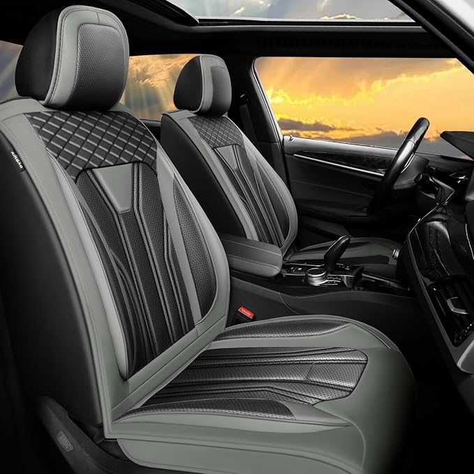 Fit Versa Car Seat Covers Compatible with Nissan Versa 2008-2025 2026 - Full Set Premium Leather， Waterproof Breathable， All-Weather Seat Cushion Protecto&Airbag Compatible （Gray & Black