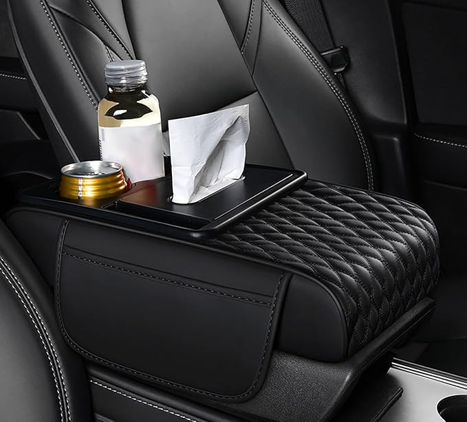 Car Armrest Center Console Cover for Lincoln Navigator L 2018–2025, Center Console Pad with Cup Holder, Multifunctional Armrest Cushion,B Black