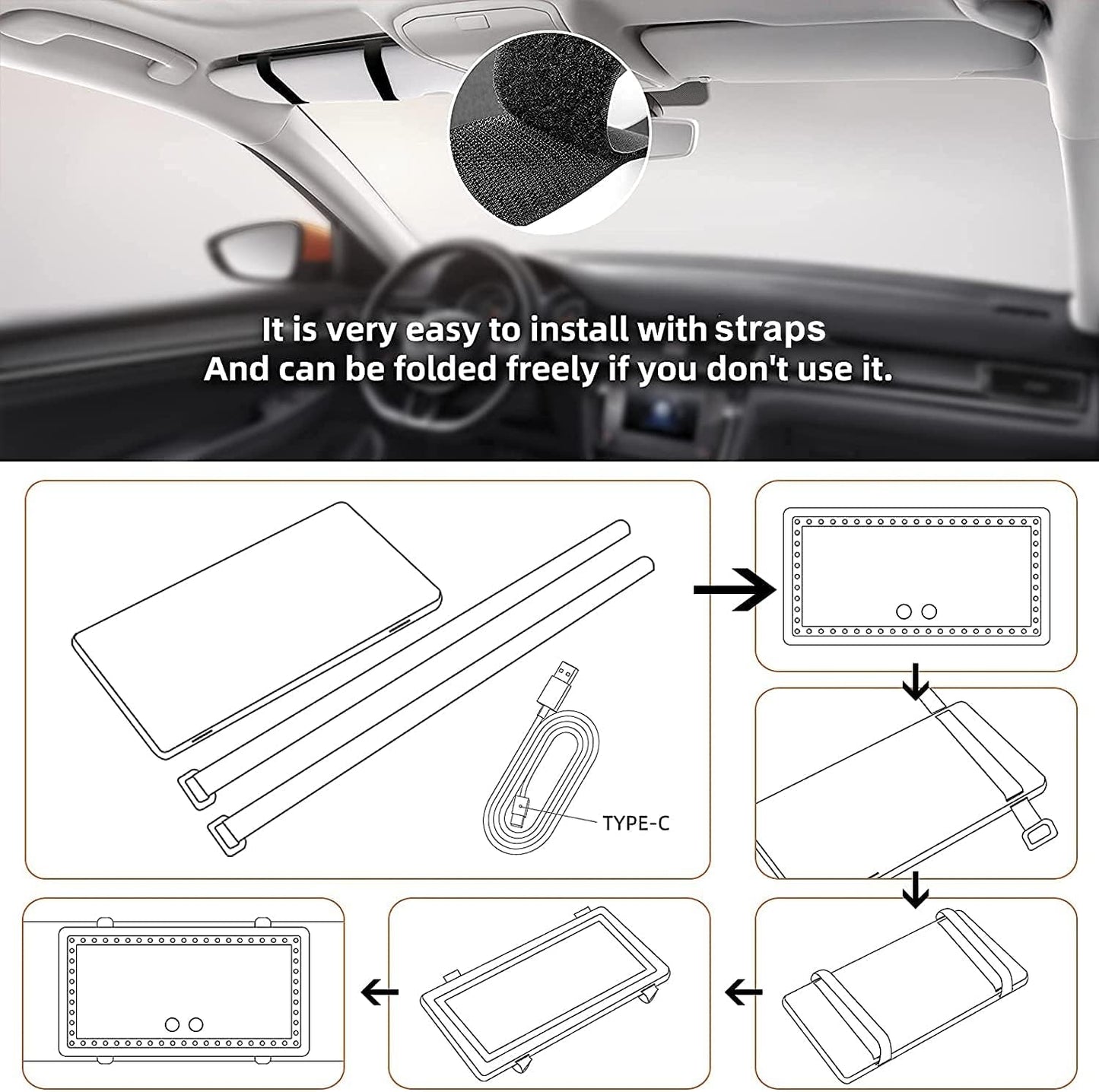 Car Sun Visor Vanity Makeup Mirror, 2 Pcs Rechargeable with 3 Light Modes & 60 LEDs - Dimmable Clip-on Rear View Sun-Shading Cosmetic Mirror, Universal for Car SUV Truck (Black)