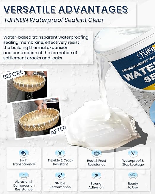 Waterproof Sealant 17.6oz Clear, TUFINEIN Transparent Waterproof Coating Water-Based Invisible Agent Roofs, Walls, Garden, Terraces Indoor & Outdoor
