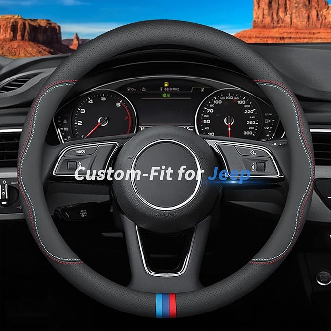 Custom-Fit Leather Steering Wheel Cover for Jeep, Non-Slip, Breathable, C-Style