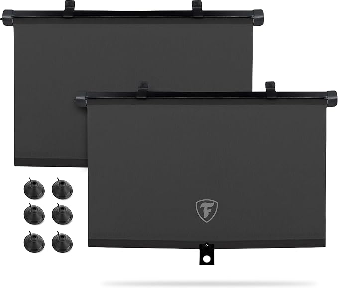 Firestone 2 Pack Retractable Automotive Sunshade Car Window Sunshades - Blocks 99% UV Rays, Lightweight & Compact Car Side Window Shade with Automatic Retract Button, Blocks Glare & Heat, Black