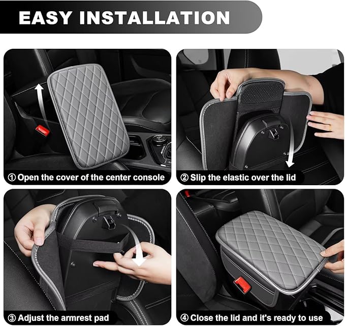 Upgraded Car Center Console Cover Fit for Corolla Faux Leather Car Armrest Cover Cushion with 2 Storage Bags,Car Armrest Storage Box Interior Accessories(Grey&Whiteline)