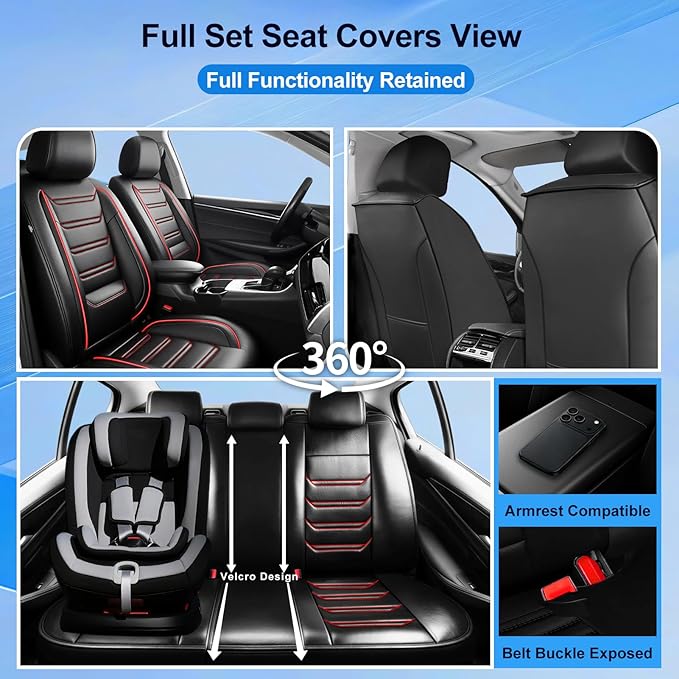 Fit Bolt Car Seat Covers (Front Pair) for Select Chevrolet Bolt/Bolt EUV 2017-2025 - Premium Full Coverage Leather, Airbag Compatible, Waterproof & All Weather Seat Cushion Protector, Red Trim
