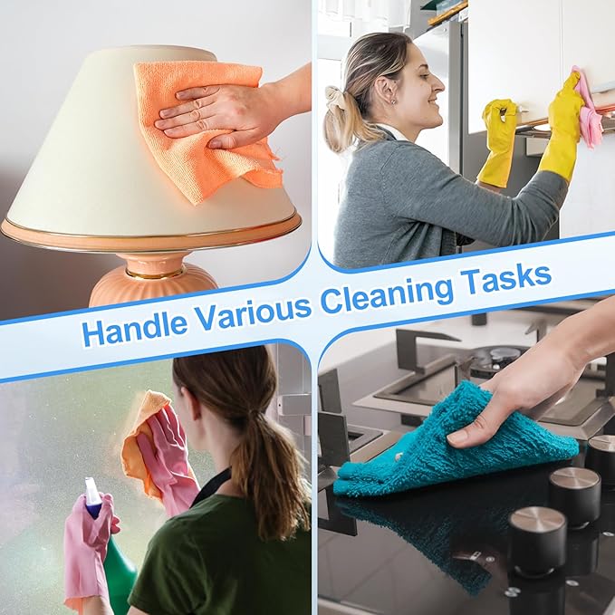 HARFINGTON 6 Pack Microfiber Cleaning Cloth, 12" x 12" Multi-Functional Cleaning Towels Reusable Absorbent Rags with Hook for Car Wash Kitchen Household Window Clean, Brown