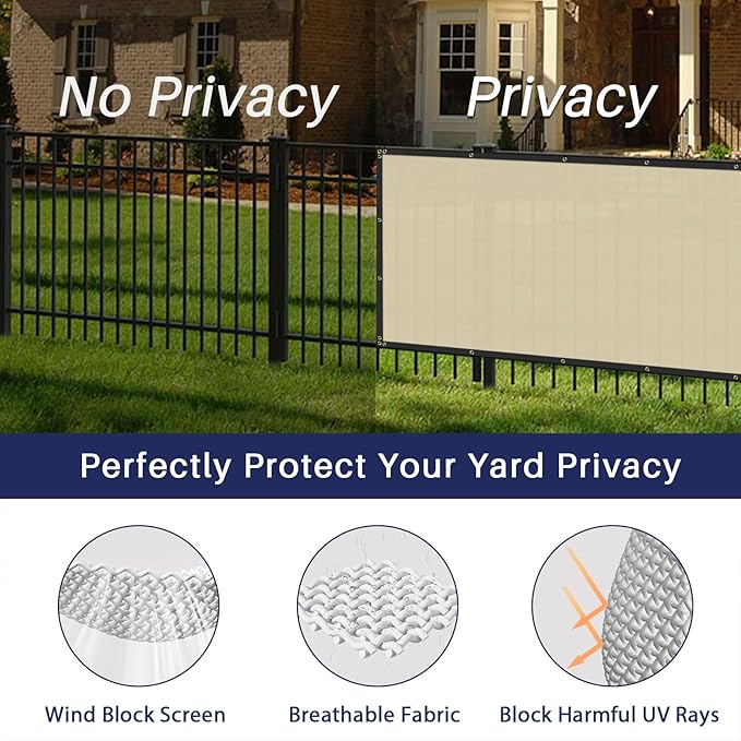 Windscreen4less Privacy Fence Screen Heavy Duty Windscreen Fencing Mesh Fabric Shade Net Cover with Brass Grommtes for Outdoor Wall Garden Yard Pool Deck, 8'x36' Beige