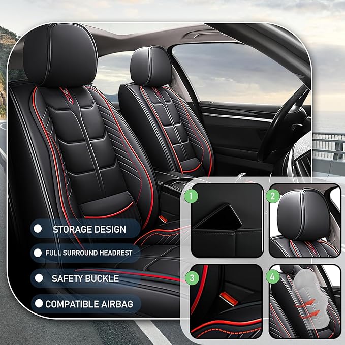 Leather Car Seat Covers Fit for Toyota Tundra 2000-2024, 5 Seater Car Seat Cover, Premium Waterproof, Scratch Resistant Car Interior Accessories (Full Set Black Red)