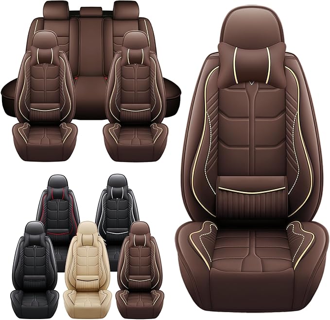 Leather Car Seat Covers Fit for Toyota Corolla Hybrid 2020-2024, 5 Seater Car Seat Cover, Premium Waterproof, Scratch Resistant Car Interior Accessories (Full Set with Pillow Coffee)