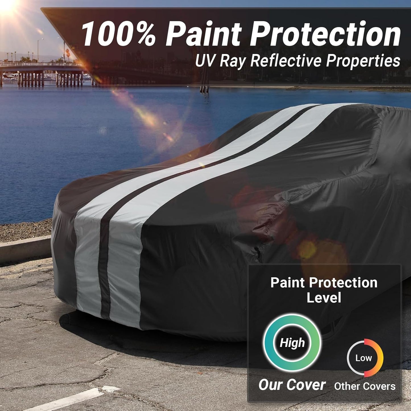 iCarCover Custom Car Cover for Pontiac Silver Streak (1946-1948) Waterproof All-Weather Rain Snow UV Sun Protector Full Exterior Indoor Outdoor Car Cover (Stripe - Black/Gray)