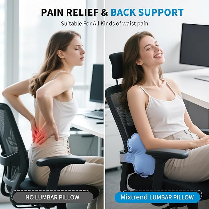 Mixtrend Travel Lumbar Pillow Inflatable Lumbar Support Pillow with Memory Foam, Back Support Pillow for Airplane Long Flight, Essential Travel Support Pillow for Women Men Kids（Mist Blue）