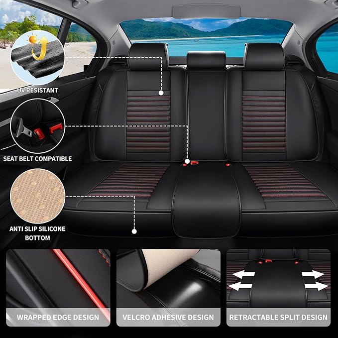 Car Seat Covers Full Set Fit for Toyota Avalon 2001-2022, Premium Faux Leather Car Seat Protector,Breathable Anti-Slip Full Wrapping Edge Seat Covers(Black&Red,Full Set)