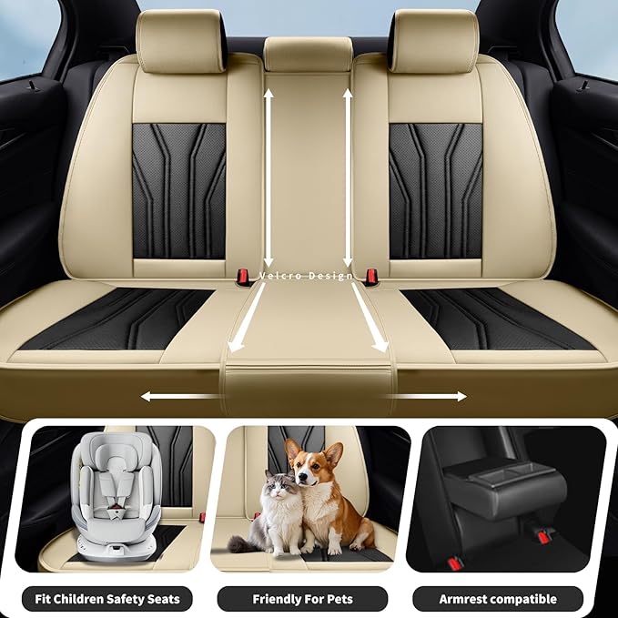 Fit Kona Car Seat Covers for Select Hyundai Kona 2018-2025 2026. Premium Leather, Waterproof， Breathable, Scratch-Resistant & All-Weather Seat Cushion Protector (Front Pair, Beige&Black)