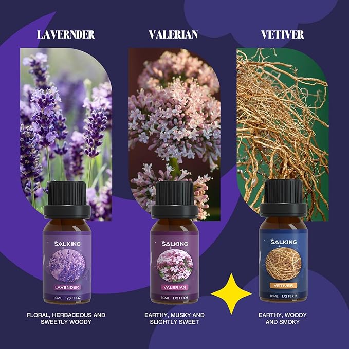 SALKING Sleep Essential Oils Set, Pure and Natural Essential Oils, Fragrance Oil Scented Oils for Oil Diffusers 6 x 10 ML - Lavender, Vetiver, Sandalwood, Valerian, Helichrysum, Benzoin…