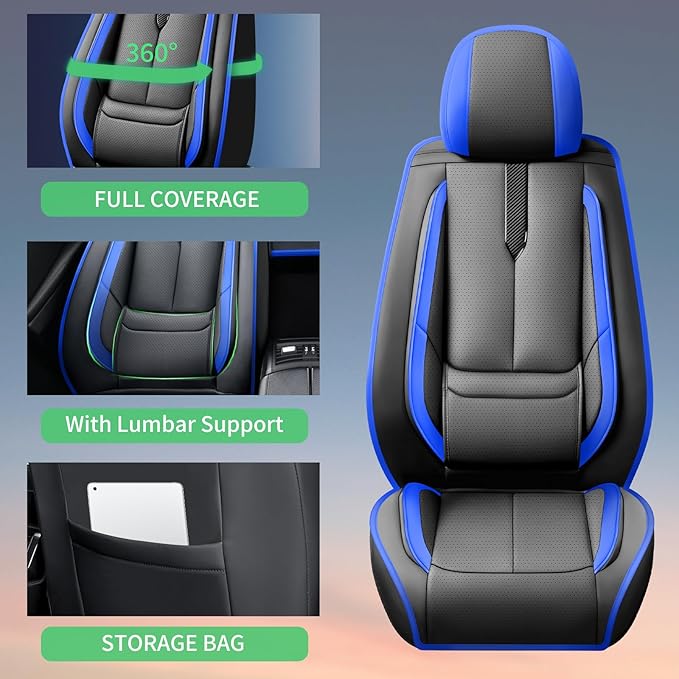 Fit Accent Car Seat Covers for Hyundai Accent 2006-2025 2026 - Upgraded Premium Waterproof & Breathable Leather,Airbag Compatible,All-Weather Seat Cushion Protector,Full Set,Black-Blue