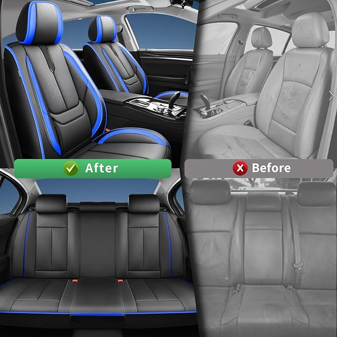 Fit Equus Car Seat Covers for Hyundai Equus 2011-2014 2015 -Upgraded Premium Waterproof & Breathable Leather,Airbag Compatible,All-Weather Seat Cushion Protector,2 Front/Black-Blue