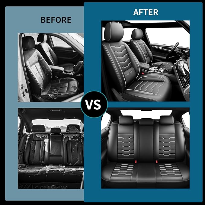 Fit Kona Car Seat Covers for Select Hyundai Kona 2018-2025 2026. Premium Leather, Waterproof， Breathable, Scratch-Resistant & All-Weather Seat Cushion Protector (Front Pair,White Line Black)