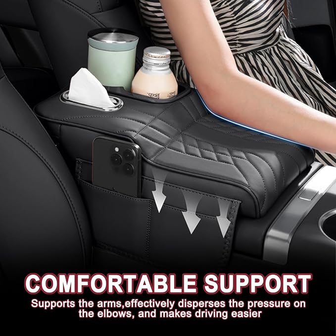 Car Armrest Storage Box for Infiniti QX60 2013–2025 2020 2021 2022 2023 2024, Sport-Style Center Console Organizer with Side Pocket, PU Leather Armrest Cushion, Elbow Support Pad,A Black