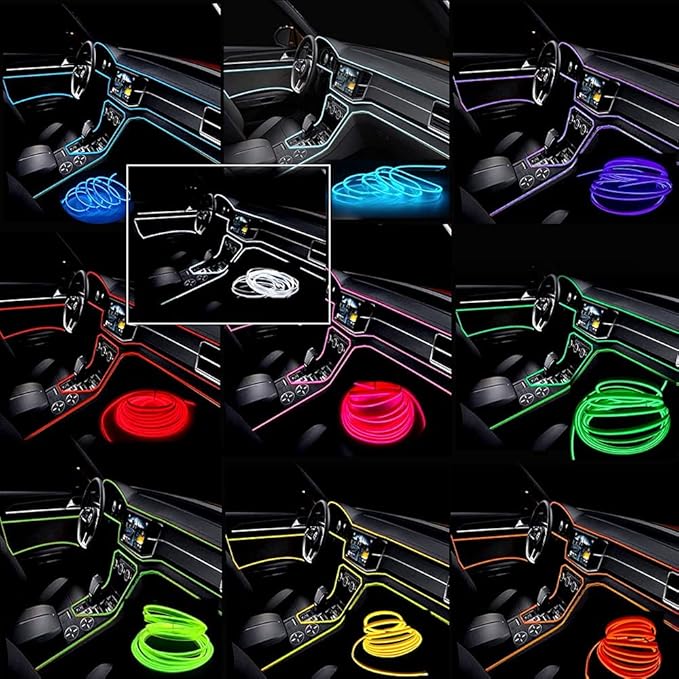 MaxLax Red LED Neon Car Interior Lighting Strip - 3 Meter Flexible 12V EL Wire with Built-in Fuse Protection for Automotive Interior Customization, Featuring 6mm Sewing Trim for Easy Installation.