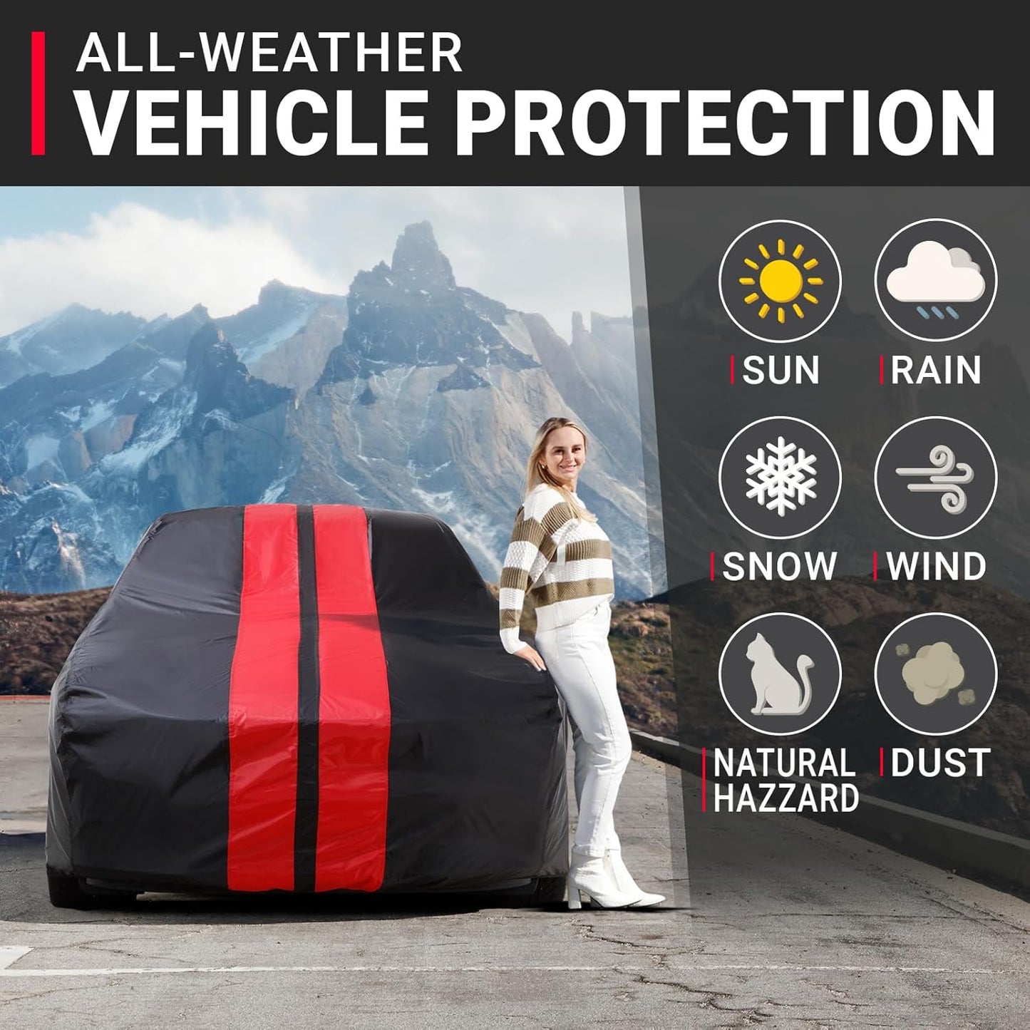 iCarCover Custom Car Cover for Pontiac Safari Wagon (1965-1976) Waterproof All-Weather Rain Snow UV Sun Protector Full Exterior Indoor Outdoor Car Cover (Stripe - Black/Red)