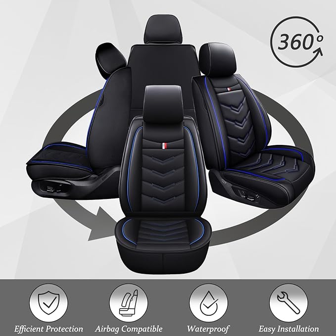 Car Seat Cover for Ford Explorer 2000-2025, Waterproof Durable Compatible Airbag, Premium Leather Seat Protector(2 Seats Standard,Black Blue)