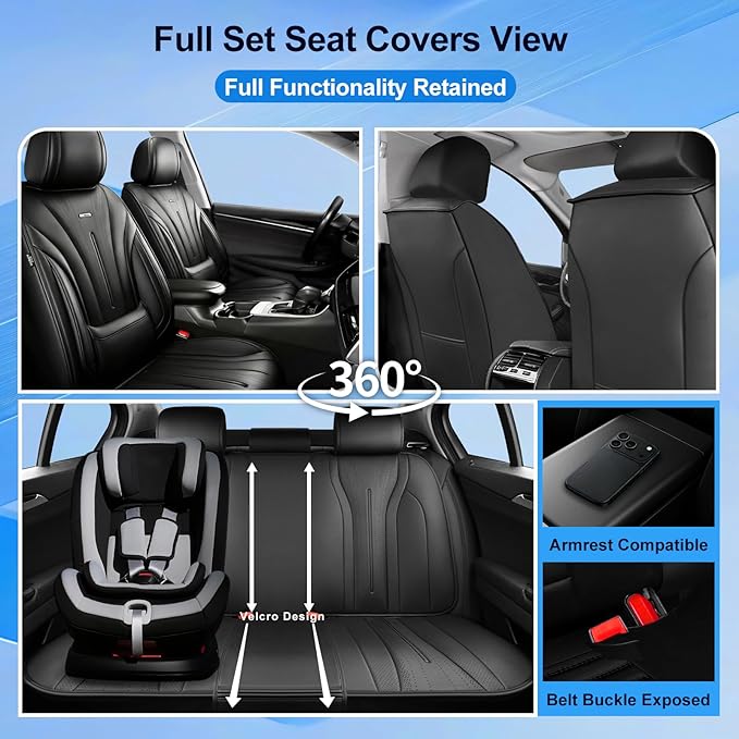 Fit Impala Car Seat Covers for Select Chevrolet/Chevy Impala 2000-2020, Premium Full Coverage Leather, Airbag Compatible, Waterproof All Weather Seat Protector, Full Set, Black