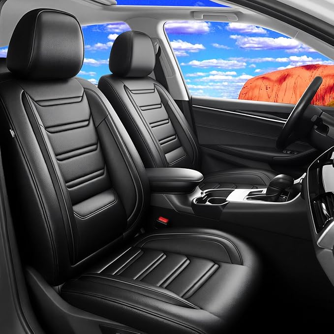Fit Mazda 3 Car Seat Covers (Front Pair) for Select Mazda 3 2010-2019 - Full Coverage Leather, Airbag Compatible, Waterproof & All Weather Seat Cushion Protector, Black