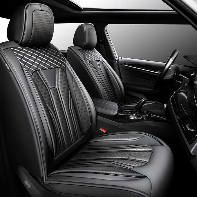 Fit Juke Car Seat Covers Compatible with Nissan Juke 2012-2015 2016 - Premium Leather， Waterproof Breathable， All-Weather Seat Cushion Protecto&Airbag Compatible (2 Front Seat All Black)