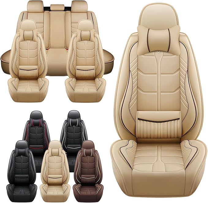 Leather Car Seat Covers Fit for Toyota Tundra 2000-2024, 5 Seater Car Seat Cover, Premium Waterproof, Scratch Resistant Car Interior Accessories (Full Set with Pillow Beige)