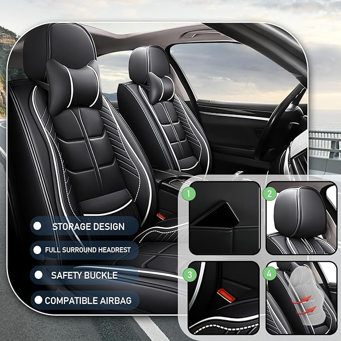 Leather Car Seat Covers Fit for Toyota Prius Prime 2017-2024, 5 Seater Car Seat Cover, Premium Waterproof, Scratch Resistant Car Interior Accessories (Full Set with Pillow Black White)