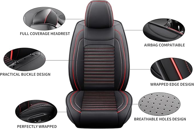 Front Seat Covers Fit for Toyota Camry 2001-2026, Car Seat Covers Front Seats, Breathable Faux Leather Automotive Seat Covers Front Pair Anti-Slip Seat Cover(Black&Red, Front)