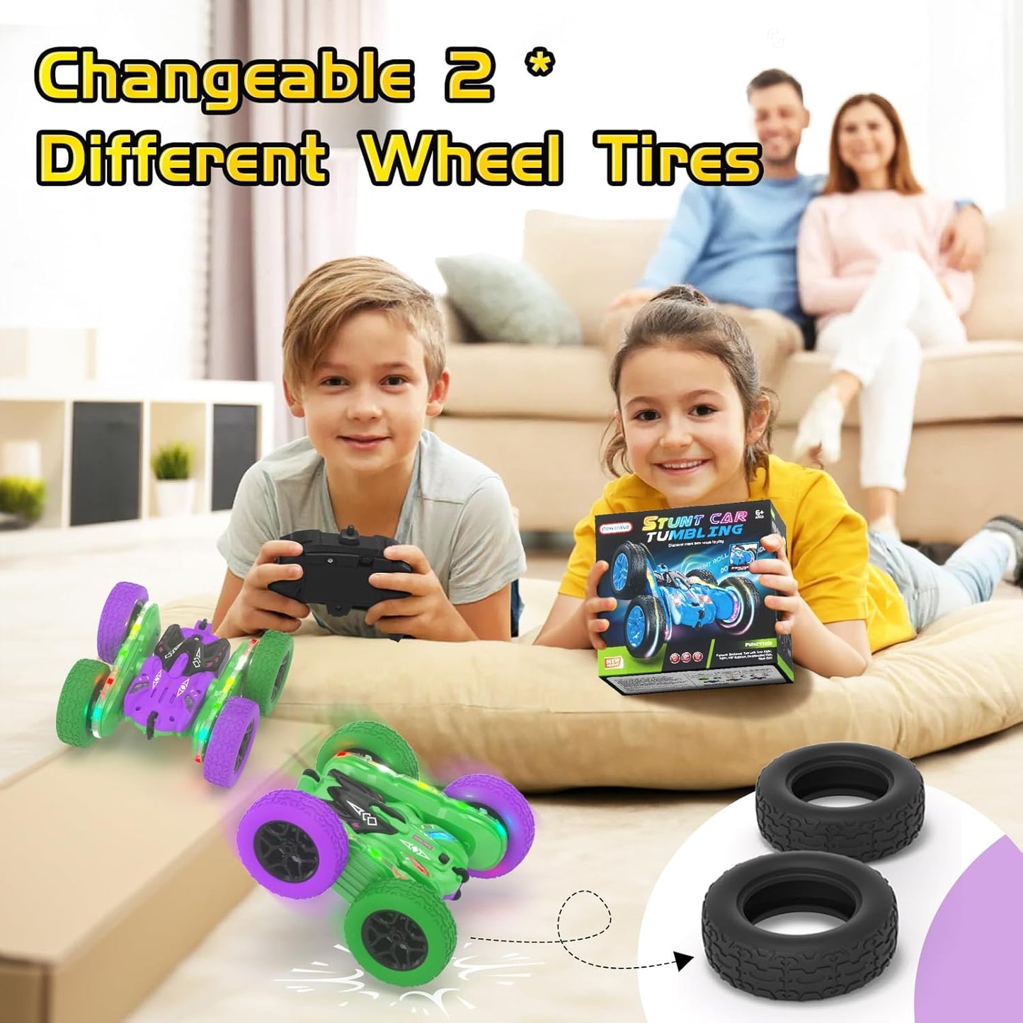 Remote Control Car, RC Cars, RC Stunt Car Toys with New Upgraded Strip Light & Headlight, RC Cars for Boy Girl Gifts with 2.4Ghz, 600mAh, 4WD, 90 Min Playtime, 360° Rotating, Double Sided