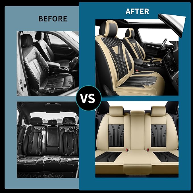 Fit Kona Car Seat Covers for Select Hyundai Kona 2018-2025 2026. Premium Leather, Waterproof， Breathable, Scratch-Resistant & All-Weather Seat Cushion Protector (Full Set, Beige&Black)