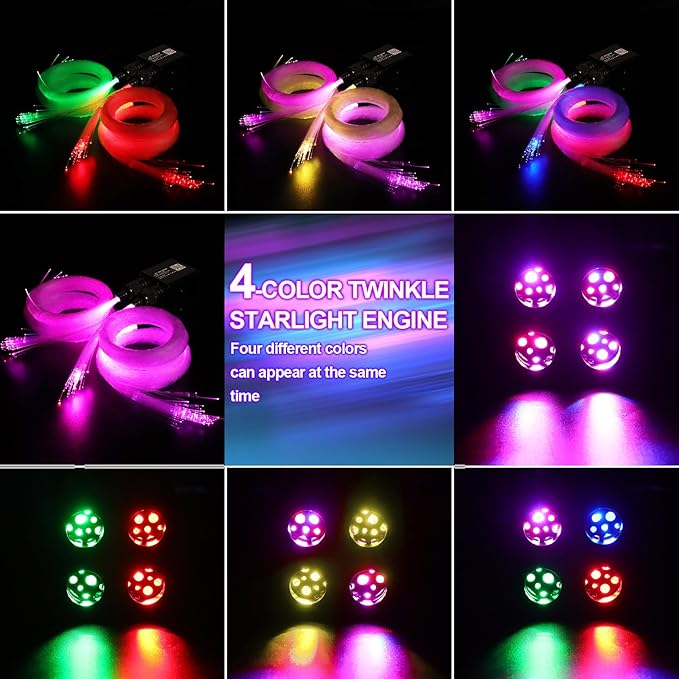 36W 4-Color RGBW Car Starlight Headliner Kit, 1400pcs0.03in13.1ft, Twinkle & Sound Activate 4-Port Fiber Optic Light Engine with Bluetooth APP&Remote Control, Star Lights for Car and Home