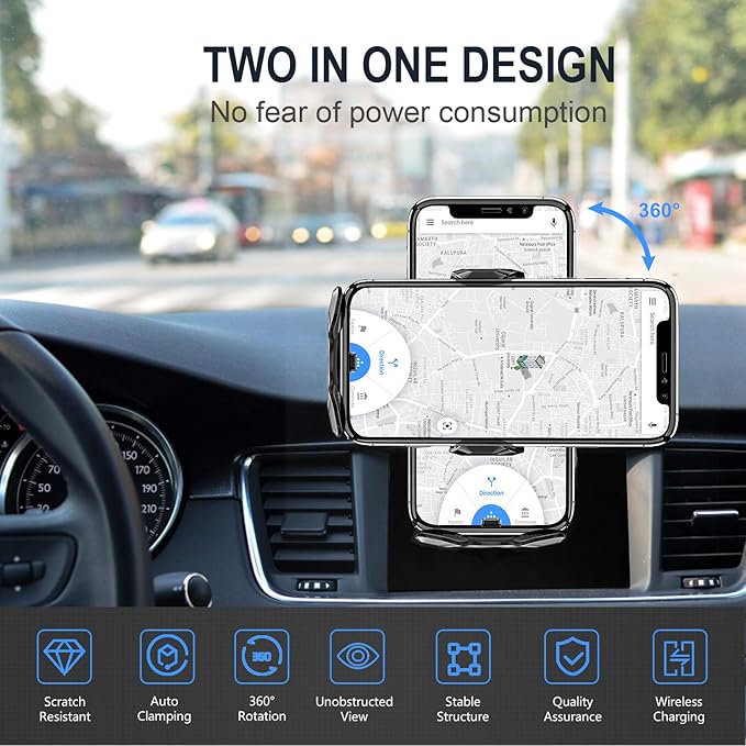 Wireless Car Charger,15W Qi Fast Charging Auto-Clamping Air Vent Windshield Dashboard Car Phone Mount,Long Arm Suction Cup Holder for iPhone Samsung LG