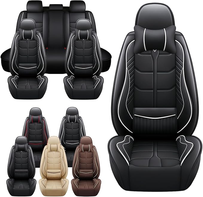 Leather Car Seat Covers Fit for Toyota Yaris iA 2017-2018, 5 Seater Car Seat Cover, Premium Waterproof, Scratch Resistant Car Interior Accessories (Full Set with Pillow Black White)
