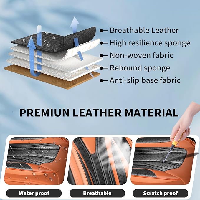 Fit Kicks Car Seat Covers， Compatible with Nissan Kicks 2018-2026 -Premium Leather, Waterproof Breathable All-Weather Seat Cushion Protector Airbag Compatible（2 Seats Front Pair，Orange & Black
