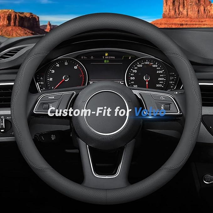 Custom-Fit for Volvo Steering Wheel Cover, Premium Leather Car Steering Wheel Cover with Logo, Non-Slip, Breathable (B-Style,for Volvo)