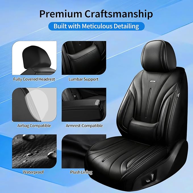 Fit HR-V Car Seat Covers (Front Pair) for Select Honda HRV 2016-2025 2026 LX/EX/EXL/Sport - Full Coverage Leather, Airbag Compatible, Breathable Waterproof & All Weather Seat Protector, Black