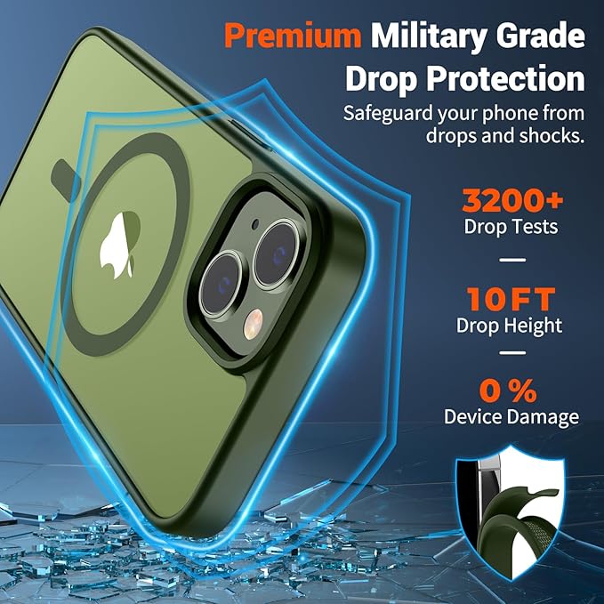 SUPFINE Magnetic for iPhone 15 Plus Case & iPhone 14 Plus Case(Compatible with MagSafe)(Military Grade Drop Protection) Slim Translucent Shockproof with Anti-Fingerprint Phone Case,Cangling Green