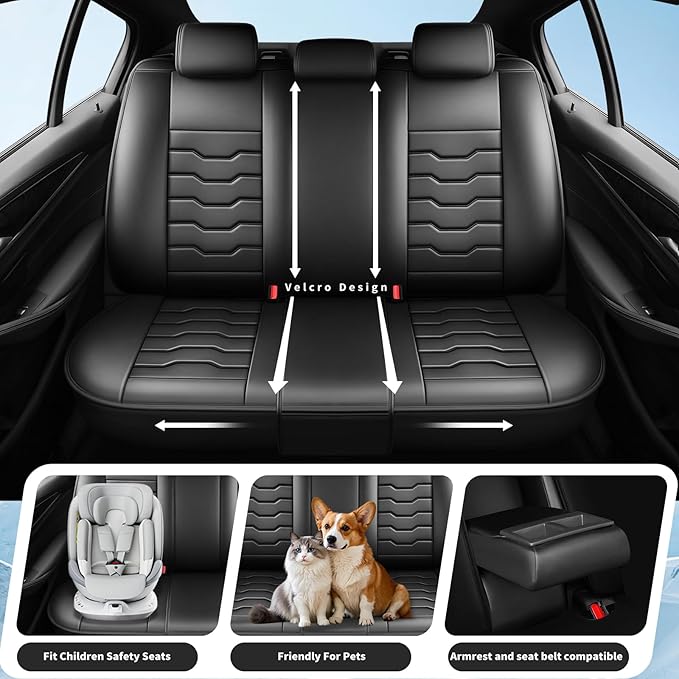 Fit Kona Car Seat Covers for Select Hyundai Kona 2018-2025 2026. Premium Leather, Waterproof， Breathable, Scratch-Resistant & All-Weather Seat Cushion Protector (Full Set, Black)