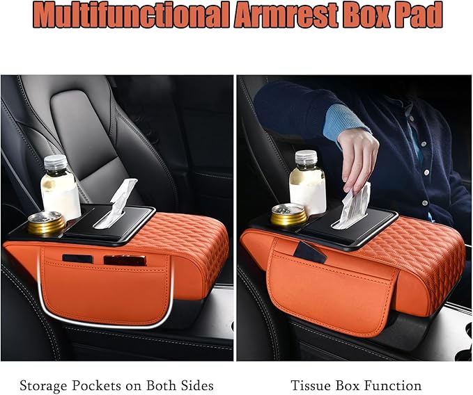 Car Armrest Center Console Cover for Ford Maverick 2022–2025, Center Console Pad with Cup Holder, Multifunctional Armrest Cushion,F Orange