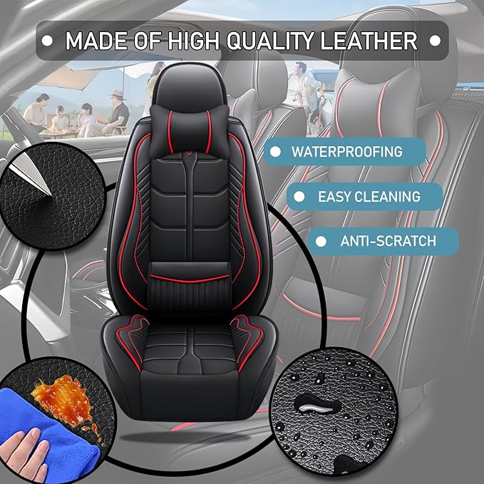 Leather Car Seat Covers Fit for Toyota Corolla Cross 2022-2024, 5 Seater Car Seat Cover, Premium Waterproof, Scratch Resistant Car Interior Accessories (Full Set with Pillow Black Red)