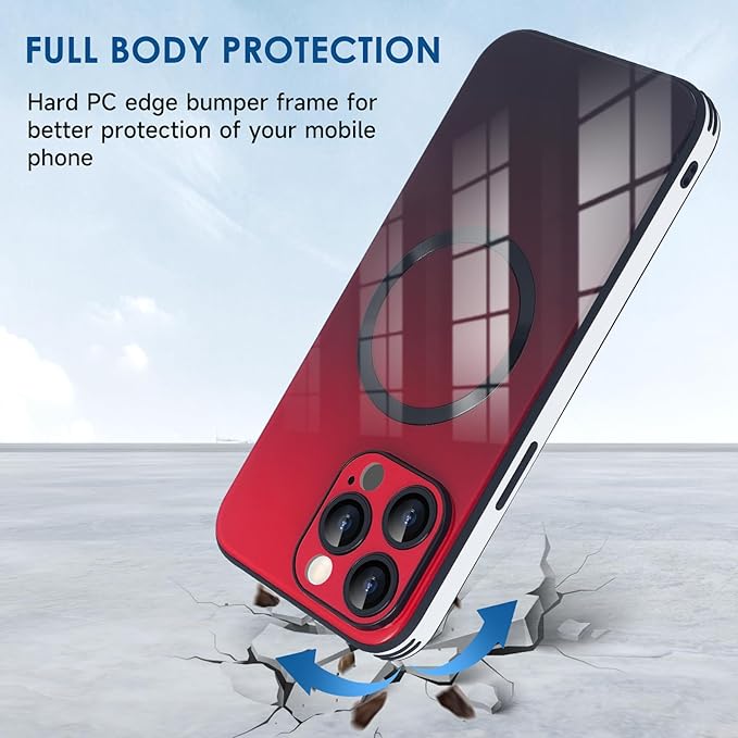 Guppy Compatible with iPhone 13 Pro Max Case Magnetic, with Full Camera Lens Protector [Compatible with MagSafe] Scratch Resistant Gradient Glass Back Cover Phone Case-Red
