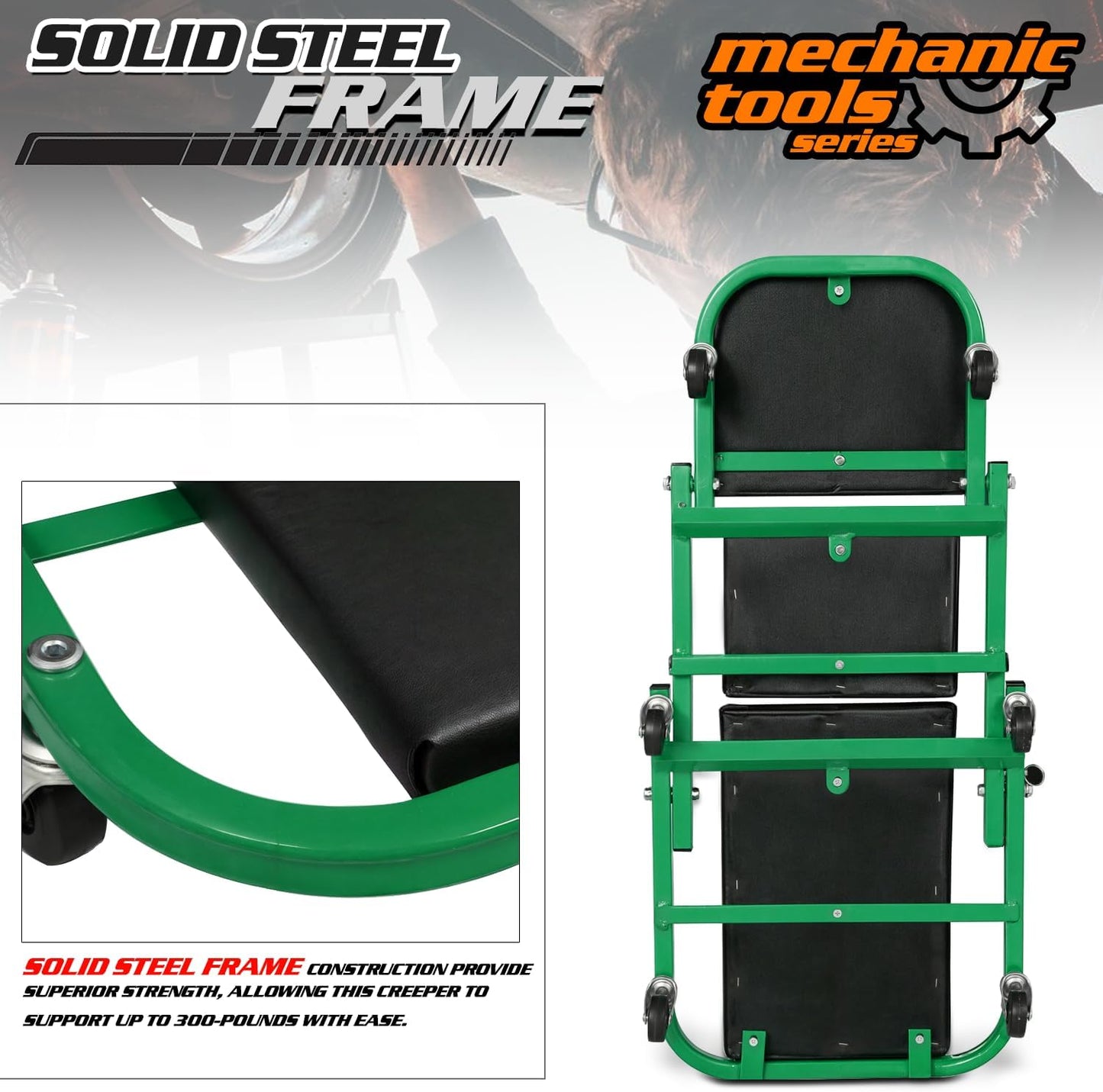 M-AUTO Foldable Z Creeper 2-in-1 Rolling Folding Car Creeper & Seat, 36" Adjustable Roller Garage Chair Lay Down or Sit, 330LBS Capacity Under Car Roller Creeper with 6 Swivel Casters, Green
