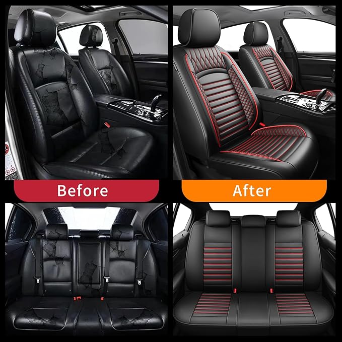 Fit Santa Cruz Car Seat Covers for Hyundai Santa Cruz 2022-2025 2026-Upgraded Premium Waterproof & Breathable Leather,Airbag Compatible, All-Weather Seat Cushion Protector (Full Set,Black+Red)