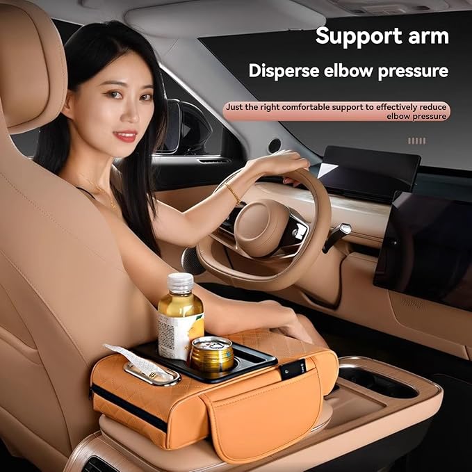 Multifunctional Pu Leather Car Armrest Box Mat, 5-In-1Multifunctional Car Armrest Cushion, Car Arm Rest Cover Pad, Center Console Organizer with Cup Holder, Tissue Box & Phone Slot (Orange)